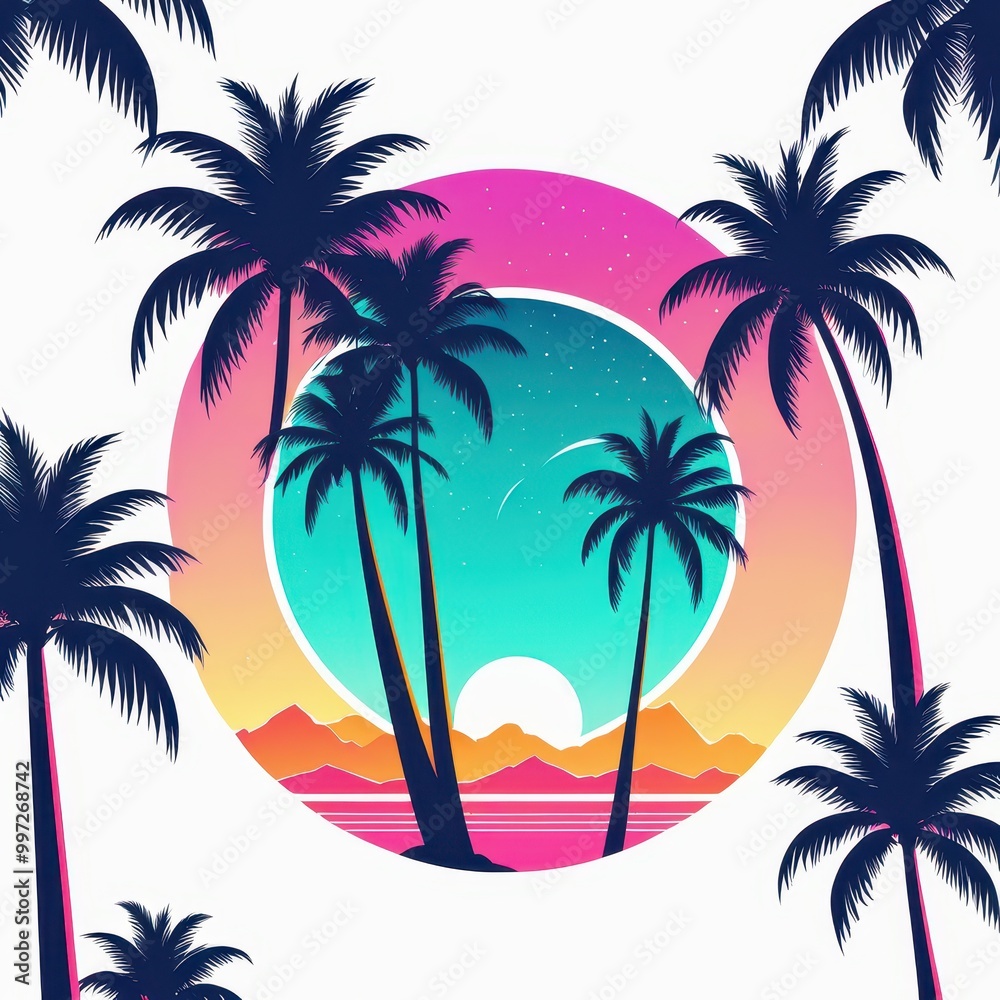 A vibrant sunset scene featuring palm trees and mountains, evoking a tropical paradise.