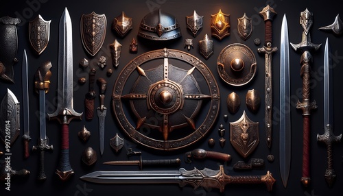 Dynamic Display of Ancient Swords, Shields, and Helmets with Glowing Edges on Black Background