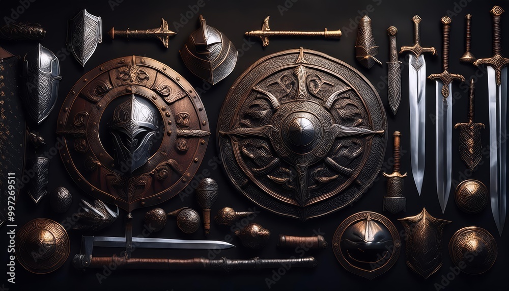 Dynamic Display of Ancient Swords, Shields, and Helmets with Glowing Edges on Black Background Dynamic Display of Ancient Swords, Shields, and Helmets with Glowing Edges on Black Background