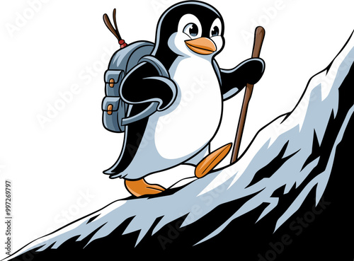  Adventurous Penguin Hiking Uphill with Backpack and Walking Stick Vector Art