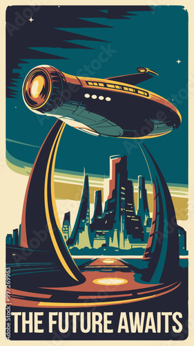  Futuristic Spaceship Hovering Above Modern Cityscape Poster in Retro Style