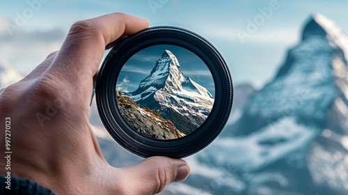 A hand adjusting focus on a camera lens pointed at a mountain peak, representing sharpening focus on long-term goals.