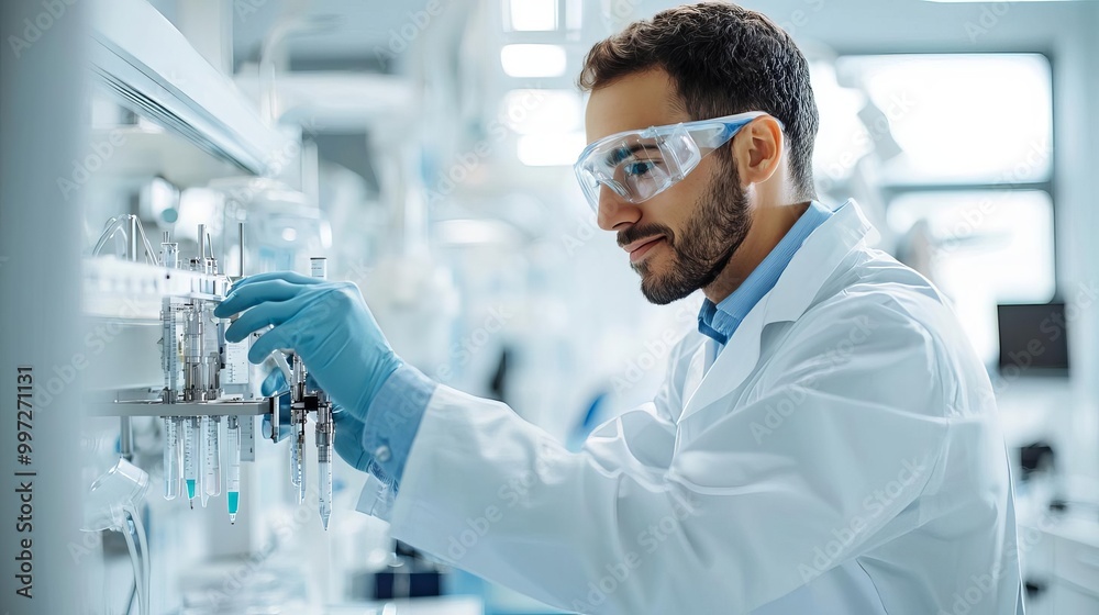 A focused scientist in a lab coat examines glassware, wearing gloves and goggles, amidst laboratory equipment in a bright, modern lab setting. A focused scientist in a lab coat examines glassware, wearing gloves and goggles, amidst laboratory equipment in a bright, modern lab setting.