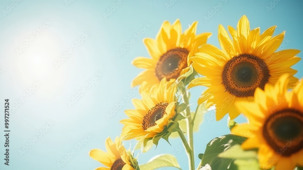 Fototapeta premium A vibrant bouquet of sunflowers enjoys the sunlight, showcasing their bright yellow petals against a clear blue sky. Generative AI