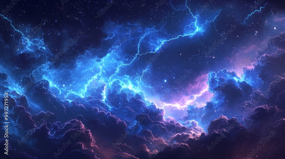 Lightning bolts spiraling through storm clouds with futuristic holographic elements, Futuristic, Cool metallic tones, Illustration, High-tech energy patterns in the clouds Lightning bolts spiraling through storm clouds with futuristic holographic elements, Futuristic, Cool metallic tones, Illustration, High-tech energy patterns in the clouds