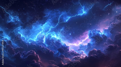 Lightning bolts spiraling through storm clouds with futuristic holographic elements, Futuristic, Cool metallic tones, Illustration, High-tech energy patterns in the clouds
