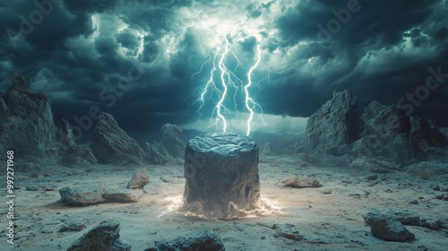 Lightning cracks through the menacing storm clouds, casting sharp light onto a rocky desert and a central stone podium, creating a surreal, apocalyptic scene photo