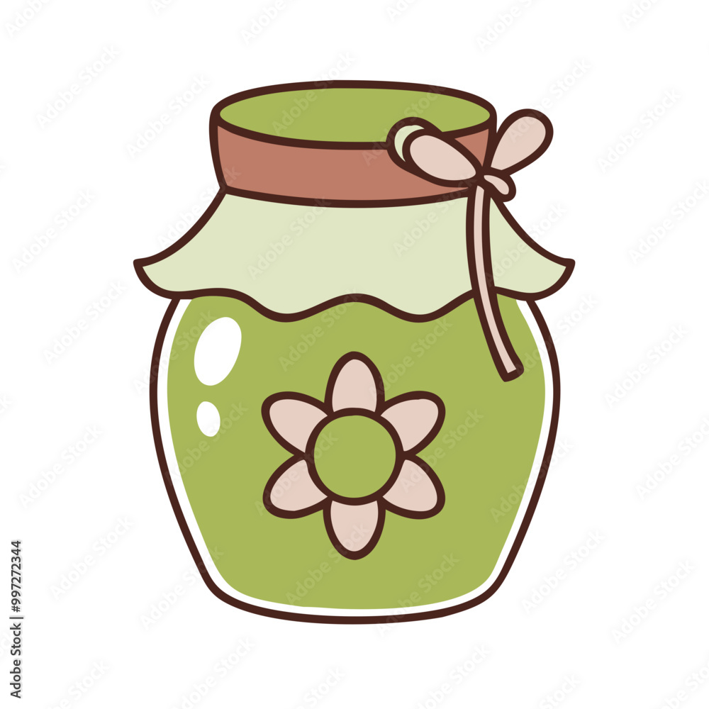Cute Green Jar with Flower Decor and Bow Tie Lid Vector Illustration Cute Green Jar with Flower Decor and Bow Tie Lid Vector Illustration