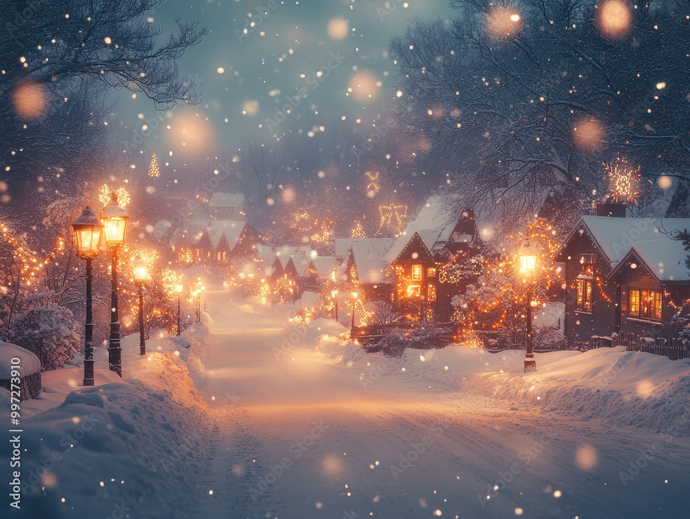 A festive winter scene with softly falling snow, adorned with colorful blurred lights, creating a warm and cozy atmosphere, featuring a quaint village in the background with snow-covered rooftops A festive winter scene with softly falling snow, adorned with colorful blurred lights, creating a warm and cozy atmosphere, featuring a quaint village in the background with snow-covered rooftops
