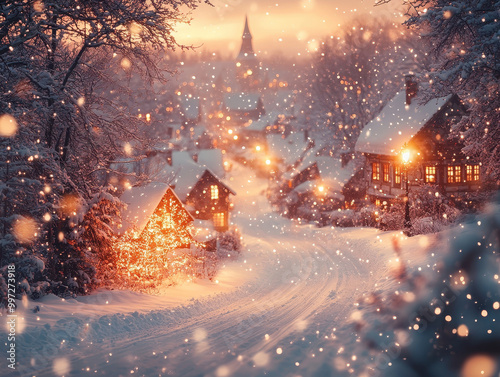 A festive winter scene with softly falling snow, adorned with colorful blurred lights, creating a warm and cozy atmosphere, featuring a quaint village in the background with snow-covered rooftops