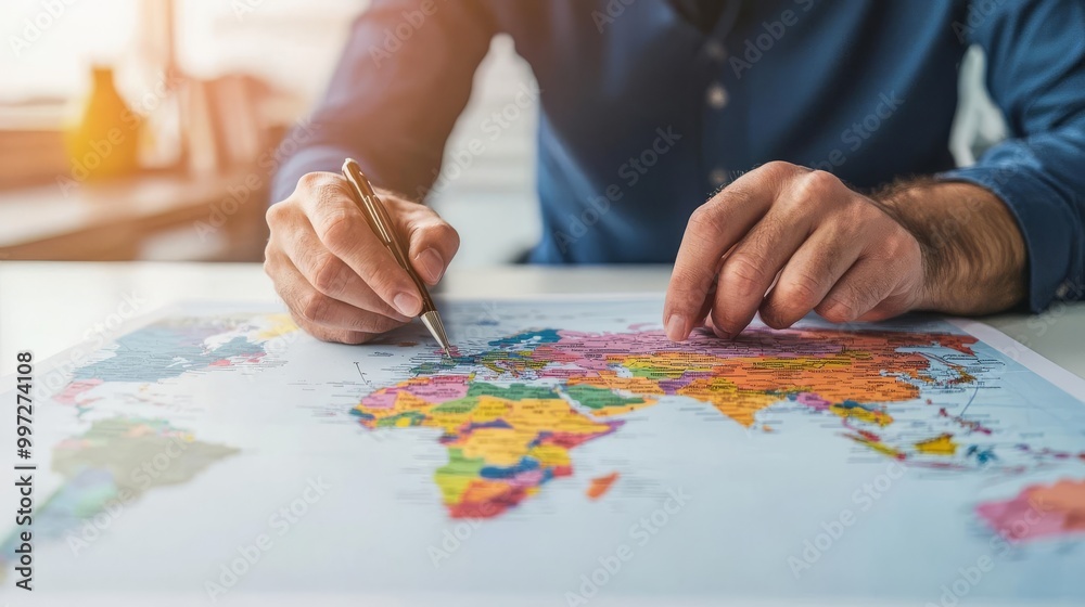 A person is studying a colorful map, pointing and writing notes, possibly planning a journey or exploring geographical locations. A person is studying a colorful map, pointing and writing notes, possibly planning a journey or exploring geographical locations.