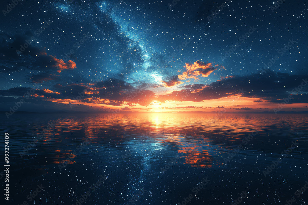 Naklejka premium A spectacular view of a vast, star-filled sky reflected in a calm, pristine lake, creating a sense of cosmic wonder and beauty.