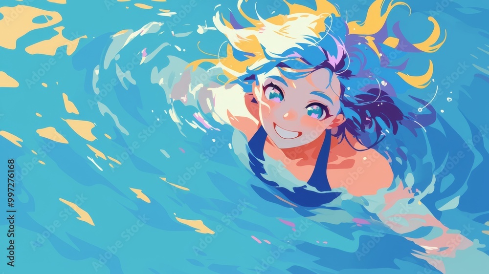 An anime girl with yellow and purple hair swimming in a pale blue pool, featuring pale skin and a happy expression An anime girl with yellow and purple hair swimming in a pale blue pool, featuring pale skin and a happy expression