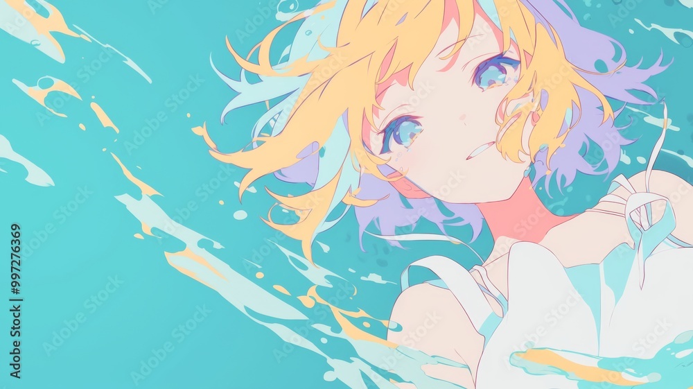 An anime girl with yellow and purple hair swimming in a pale blue pool, featuring pale skin and a happy expression An anime girl with yellow and purple hair swimming in a pale blue pool, featuring pale skin and a happy expression