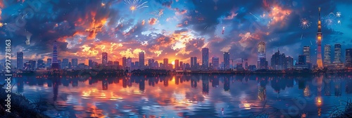 Mirror Reflection Collage Japan New Year's Eve where skyscrapers are covered in reflective water turning the entire city into a mirrored wonderland that doubles the fireworks display