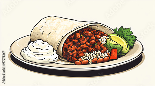 An illustration of a spicy beef burrito with rice, beans, and a side of sour cream. photo