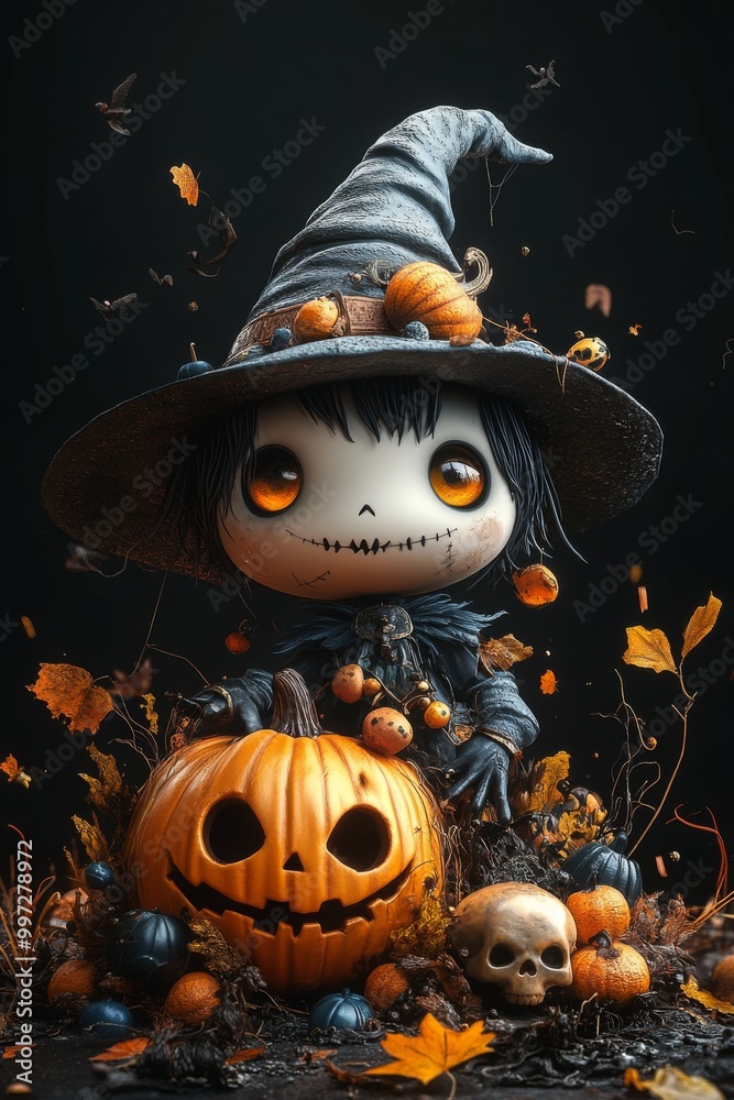 Cute Halloween Witch Figurines with Pumpkins and Skulls in Autumn Theme Cute Halloween Witch Figurines with Pumpkins and Skulls in Autumn Theme