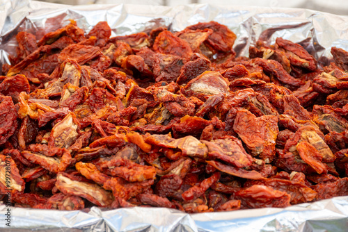 Red Italian sun dried tomatoes on Italian street market