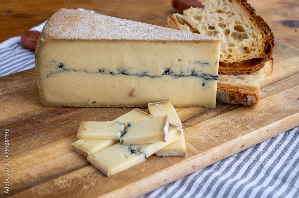 Cheese collection, French Morbier semi-soft cow milk cheese with black mold layer close up Cheese collection, French Morbier semi-soft cow milk cheese with black mold layer close up