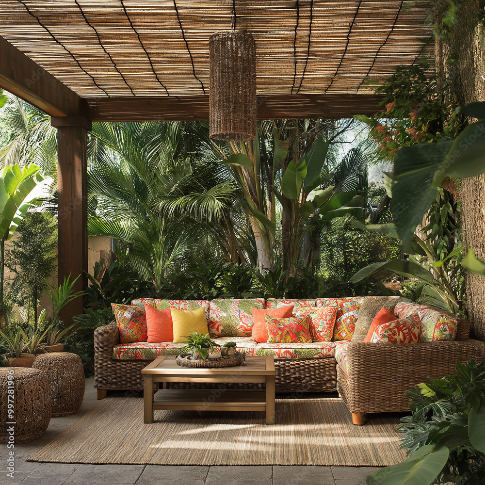 Fototapeta premium tropical garden with palm trees a U-chair fashioned with cushions and a bamboo ceiling