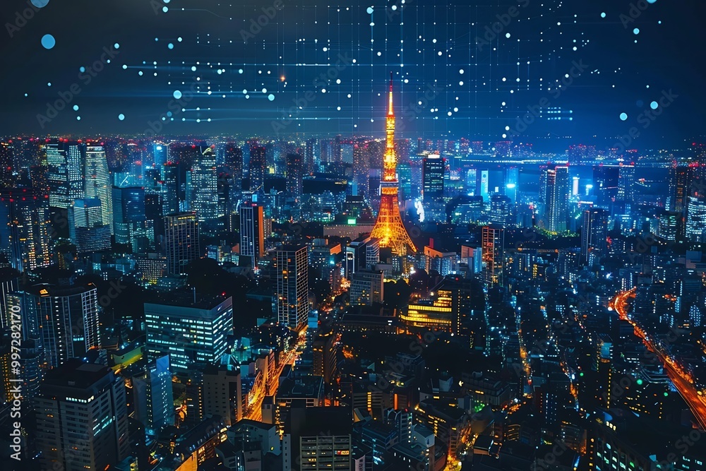 Obraz premium Pulse Wave Infographic Japan New Year's Eve countdown where pulses of light are emitted from every building converging in the sky and creating a synchronized wave of glowing energy