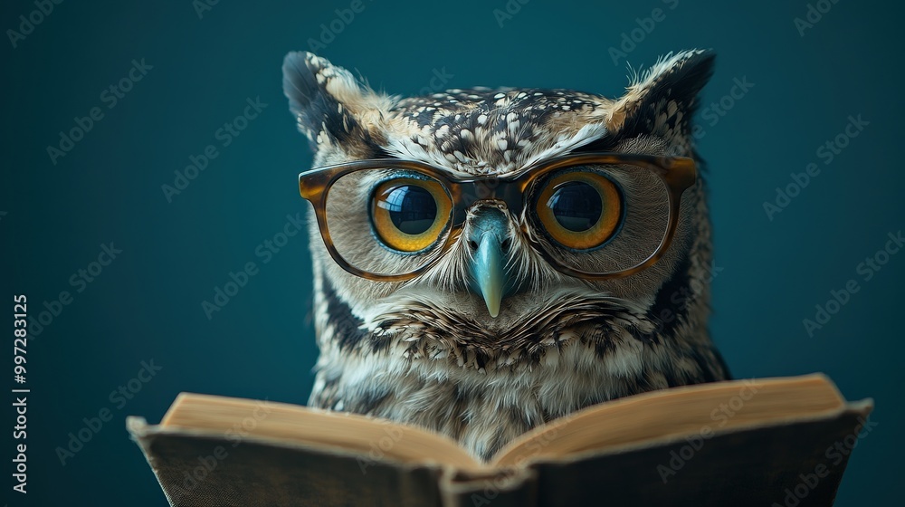 custom made wallpaper toronto digitalWise owl wearing glasses, reading a book on blue background symbolizing knowledge and wisdom