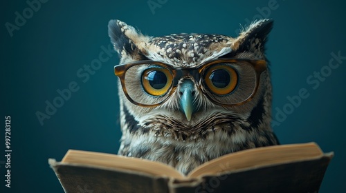 Wallpaper Mural Wise owl wearing glasses, reading a book on blue background symbolizing knowledge and wisdom Torontodigital.ca