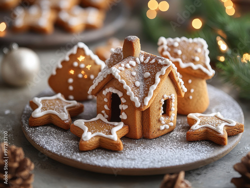 Christmas gingerbread houses and stars cookies, traditional xmas sweet treat for kids