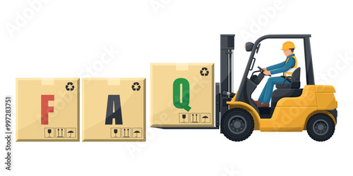 Worker driving a forklift loading boxes with the word FAQ. Frequently asked questions concept. Lift truck transporting a box packing pallet. Industrial storage and distribution of products