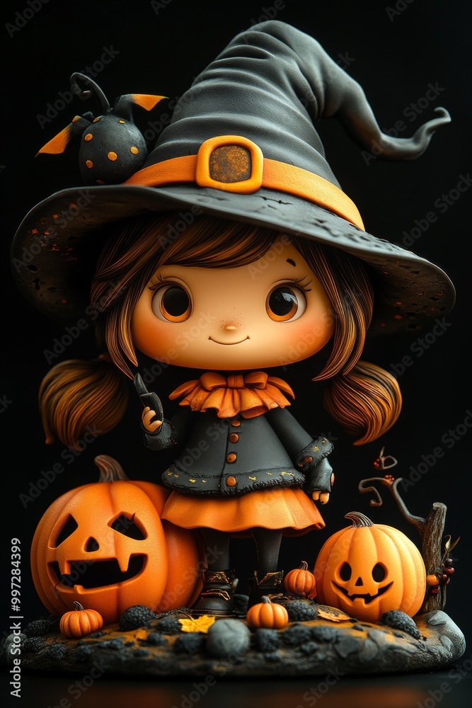 Cute Halloween Witch Figurines with Pumpkins and Skulls in Autumn Theme Cute Halloween Witch Figurines with Pumpkins and Skulls in Autumn Theme