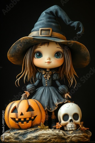 Cute Halloween Witch Figurines with Pumpkins and Skulls in Autumn Theme