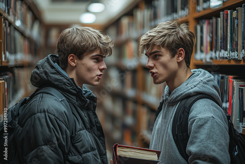 Two students arguing over a project in a library, one person slamming a book shut in frustration. Concept of academic disagreement. photo