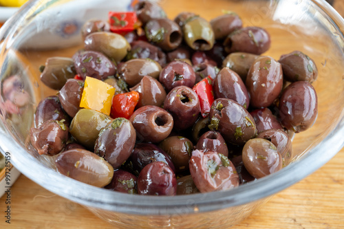 Pickled and marinated olives Ligurian style, tasty Italian starters, antipasti, tapas photo