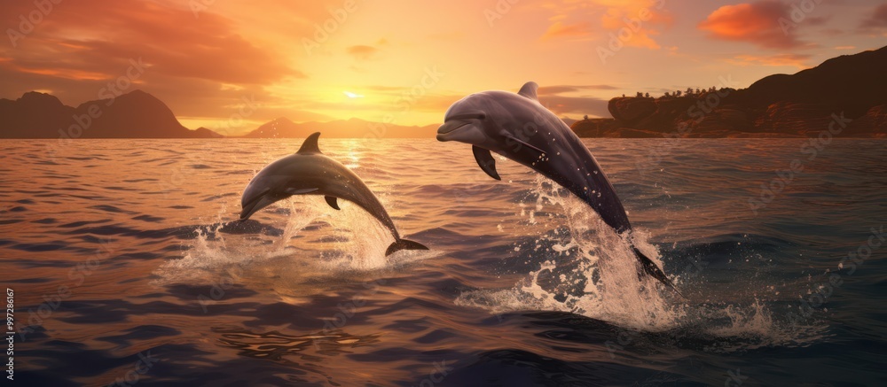 Obraz premium Two Dolphins Leaping in a Sunset