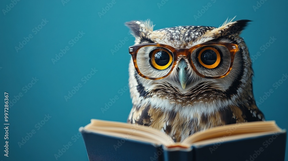 custom made wallpaper toronto digitalWise owl wearing glasses, reading a book on blue background symbolizing knowledge and wisdom
