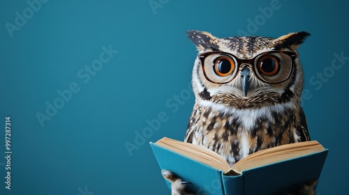 Wallpaper Mural Wise owl wearing glasses, reading a book on blue background symbolizing knowledge and wisdom Torontodigital.ca