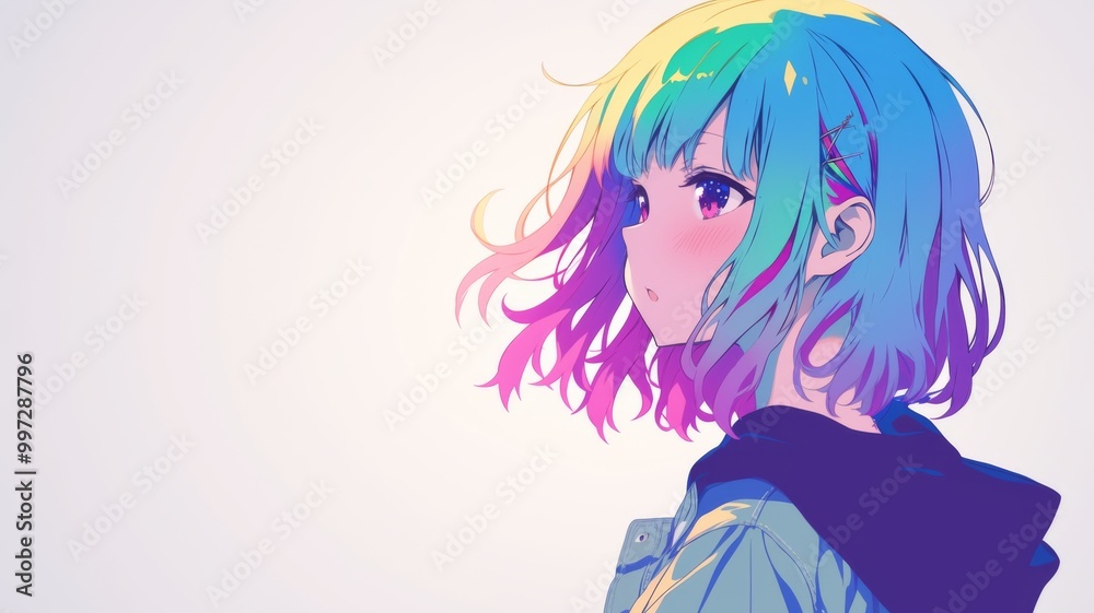 a cute girl with pastel rainbow-colored hair, wearing a stylish jacket a cute girl with pastel rainbow-colored hair, wearing a stylish jacket