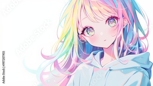 a cute girl with pastel rainbow-colored hair, wearing a stylish jacket