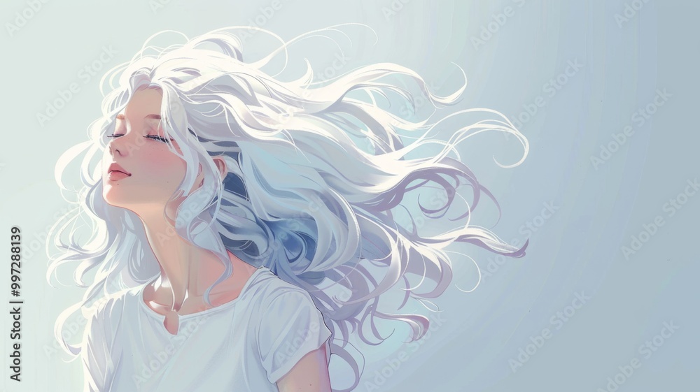 Casual Anime-Style Girl with Long Curly White Hair, Smiling with Closed Eyes, in a White Shirt, Profile Picture Design Casual Anime-Style Girl with Long Curly White Hair, Smiling with Closed Eyes, in a White Shirt, Profile Picture Design