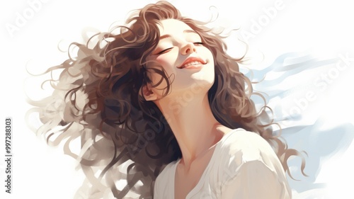 Casual Anime-Style Girl with Long Curly White Hair, Smiling with Closed Eyes, in a White Shirt, Profile Picture Design