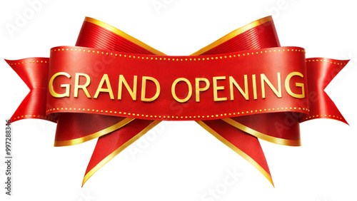 Grand opening ribbon banner, perfect for promotional materials and event decoration. Transparent or white background.