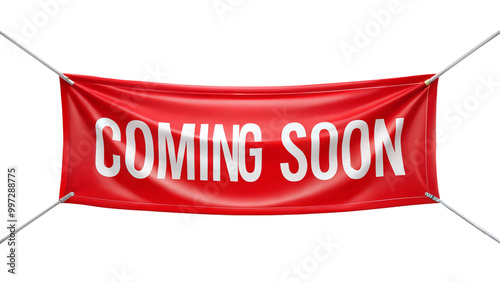 Red banner with white text announcing coming soon on a transparent or white background. photo