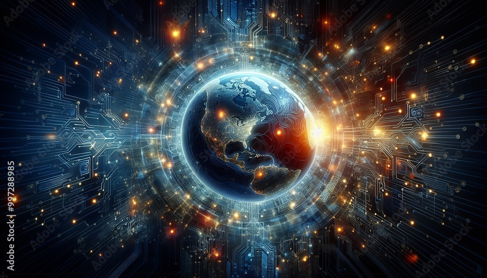 Obraz premium An artistic blend of nature and technology that showcases the interconnected digital network of the earth. 