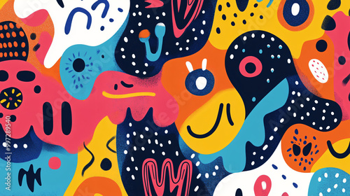 An illustration of a playful cartoon pattern with bright colors and fun shapes.