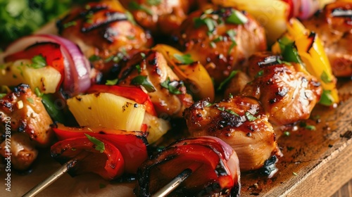 Juicy grilled chicken skewers with pineapple, peppers, and onions