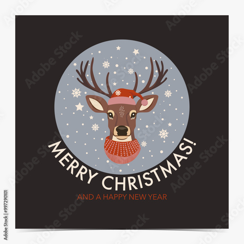 Merry Christmas cute greeting card with reindeer waring hat and scarf on blue and black background, vector illustration