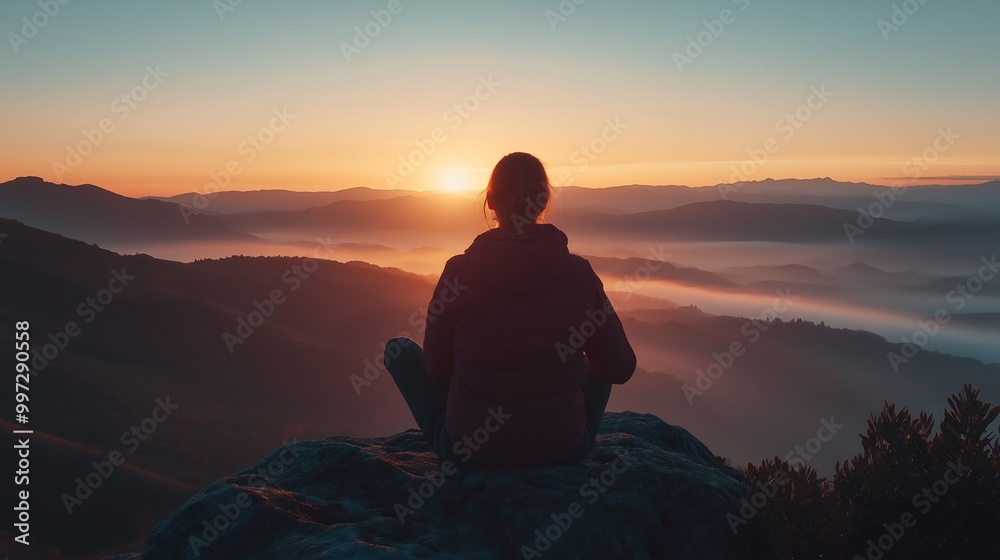 Serene Sunrise Solitude: Person Enjoying Golden Hour Dawn Serene Sunrise Solitude: Person Enjoying Golden Hour Dawn