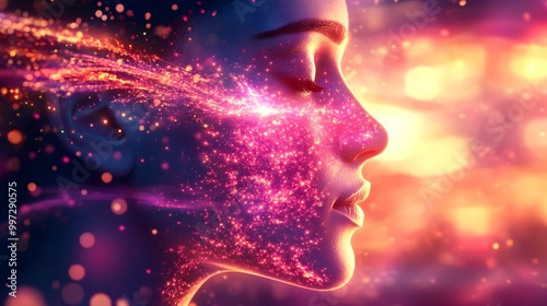 Fantasy-style illustration of a person's face healing from acne, magical particles healing inflamed skin, Fantasy, Soft lighting, Dream-like, Glowing aura, Vibrant