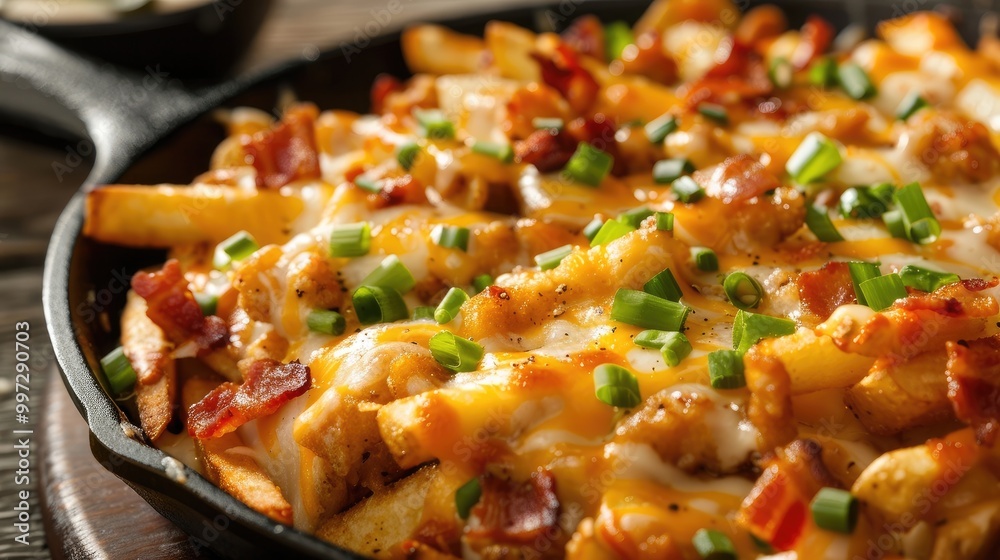 Loaded chicken bacon ranch fries with melted cheese and green onions Loaded chicken bacon ranch fries with melted cheese and green onions