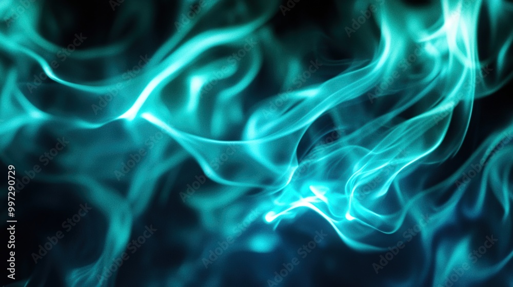 Obraz premium Abstract teal flame-like patterns on a dark background.